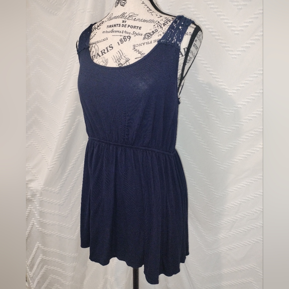 Charming Navy Blue Sleeveless top Miss Daisy Crochet Lace Detail Flattering Fit